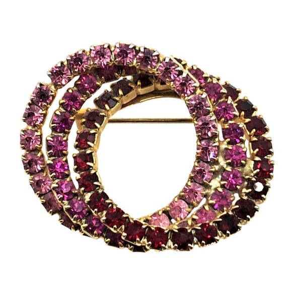 Vintage Rhinestone Jewelry Set Pink Red Gold Tone Brooch & Clip-On Earrings Infi - Picture 2 of 12